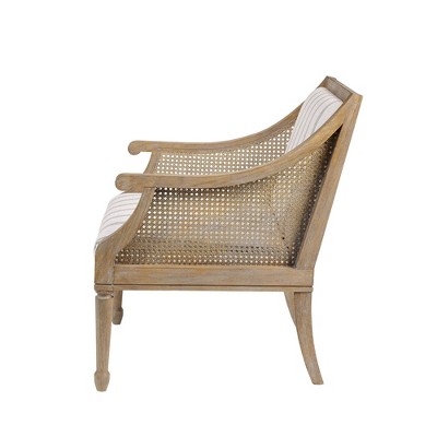 Beige Upholstered Accent Chair with Cane Webbed Arms