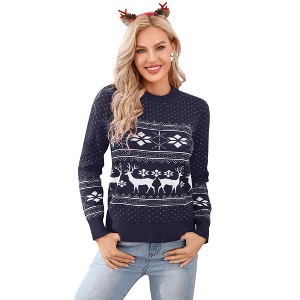 Coolmee Women's Christmas Sweater Reindeer Snowflakes Knitted Ugly Crew Neck Pullover Sweater - 1 of 4