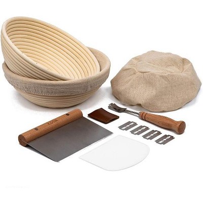 Kook Banneton Bread Proofing Basket Set with Bread Lame Scoring Tool & Dough Scraper, 12 piece set