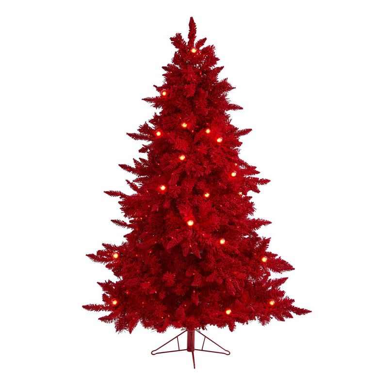 6ft Nearly Natural Pre-Lit Red Flocked Fraser Fir Artificial Christmas Tree Red Lights, 1 of 10