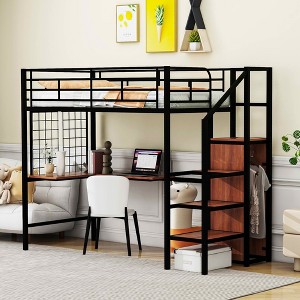 MAYEERTY Twin Size Metal Loft Bed, Desk Metal Grid Lateral Ladder Wardrobe, Bedroom, Black - 1 of 4