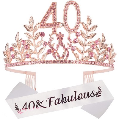 DORADREAMDEKO 40th Birthday Sash and Tiara for Women, Fabulous Glitter Sash  + Leafs Rhinestone Pink Premium Metal Tiara