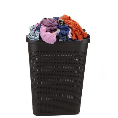 Brown Plastic Wicker Design Collapsible Laundry Basket with Lid