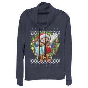 Juniors Womens Nintendo Ugly Christmas Mario Wreath Cowl Neck Sweatshirt - 1 of 3