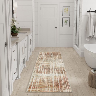 Beige Peach Abstract Polyester Machine Washable Runner Rug