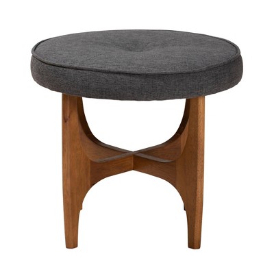 Theo Dark Gray Fabric and Walnut Wood Round Tufted Ottoman
