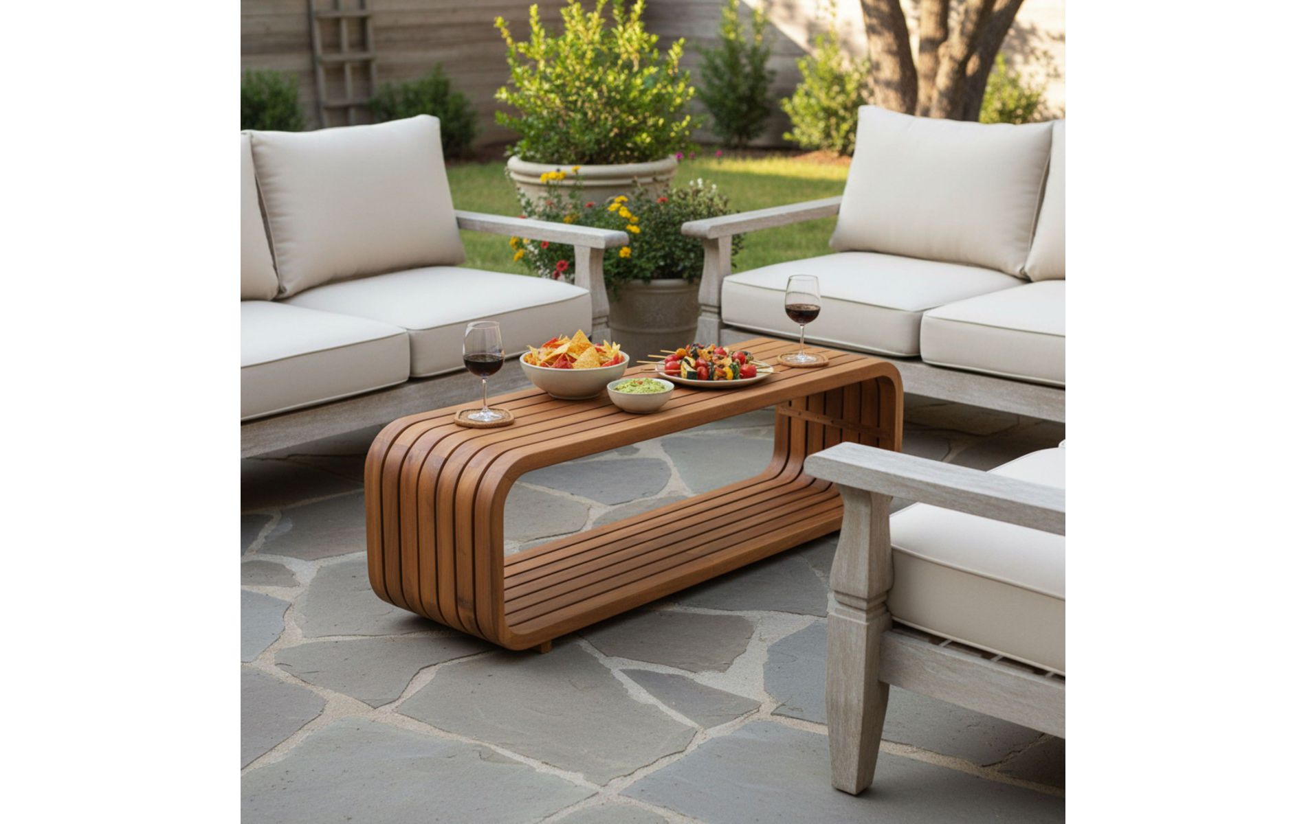 Modern Acacia Wood Patio Coffee Table with Hollow-Out Design, Teak Outdoor Coffee Table for Patio, Balcony or Garden-Panipeachy