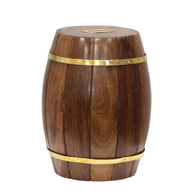 Large Wine Barrel Shaped Brown Wooden Decorative Coin Bank Money Saving Box, 1 of 7