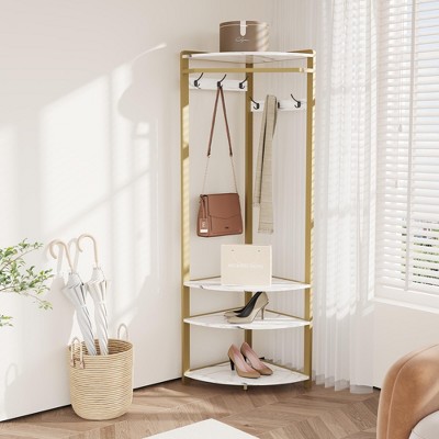 Corner Hall Tree With Shoe Bench Entryway, Corner Coat Rack With 6 Double Hooks, Corner Clothes Rack With Corner Tree With Shoe Bench Shelf