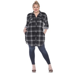 Women's Printed Plaid Roll Tab Tunic - White Mark - 1 of 4