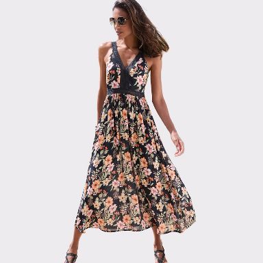 LASCANA Women's Crochet Detail Floral Maxi Dress