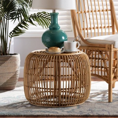 Tropical Oasis Natural Rattan Round End Table with Bamboo Accents