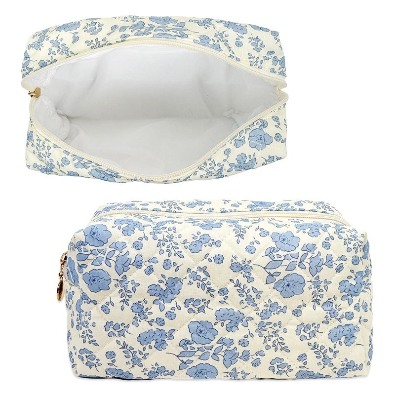 Wrapables Floral Quilted Makeup Bag, Cosmetic Toiletry Travel Bag, Pencil Pouch Blue Cornflower