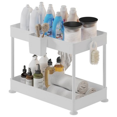 Ubesgoo 2 Tiers Expandable Stackable Under Sink Storage Shelf Rack Adjustable Storage Shelving Unit Cabinet Organizer for Kitchen Bathroom Home, White