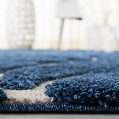Elegant Dark Blue and Cream Square Synthetic Shag Rug 4' x 4'