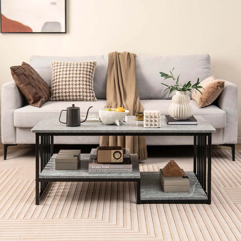 Costway Faux Marble Coffee Table Rectangular 2-Tier Center Table with Open Storage Shelf, 4 of 11