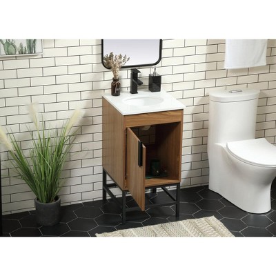 Walnut Brown Single Bathroom Vanity with Ivory Quartz Top