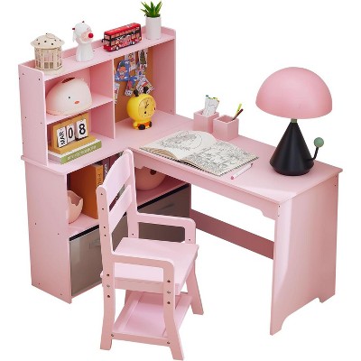 Kids Corner Desk and Chair Set, L-Shaped Children’s Study Table with Bulletin Board, Open Shelves, Storage Cabinets & Fabric Drawers