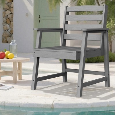 PDTEND Single Patio Dining Chair, Oversized All-Weather Seat with Armrests, Imitation Wood Grain Design