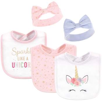 Little Treasure Baby Girl Cotton Bib and Headband Set 5pk, Unicorn, One Size