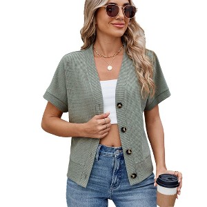 Clearlove Womens Summer Tops Waffle Front Knit Button Down Shirts Short Sleeve Casual Shacket Jacket Dressy Blouses - 1 of 4