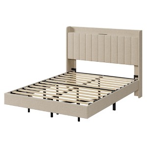 Floating Bed Frame with Charging Station & Storage Headboard, Upholstered Platform King Size Bed Frame with LED Lights, Solid Wood Slats - 1 of 4