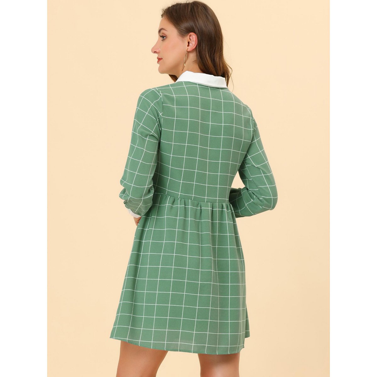 Женские платья INSPIRE CHIC Women's Plaid Long Sleeve Button Contrast Point Collar Shirt Dress Small Green — фото 4