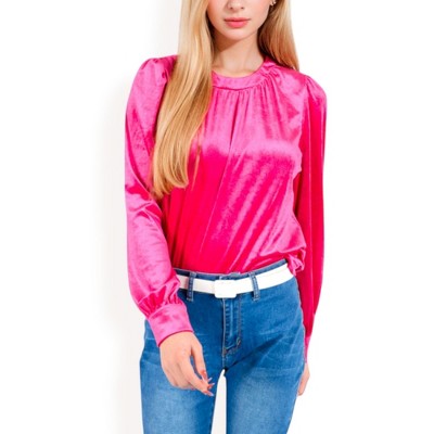 Anna-Kaci Women's Velvet Long Sleeve Top with Puff Shoulders