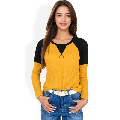 Anna-Kaci Women's Waffle Knit Top with Raglan Color Block Sleeves and Crew Neck