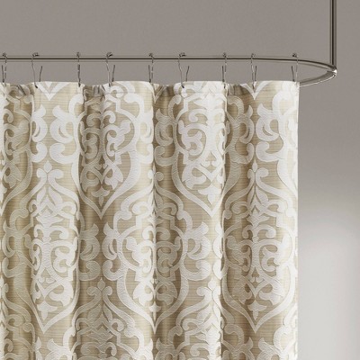 Tan and Ivory Damask Jacquard Fabric Shower Curtain