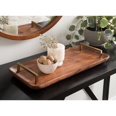 Walnut Brown Acacia Wood Rectangular Serving Tray with Gold Handles