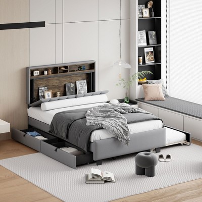 Okak Platform Bed Frame with Upholstered Storage Headboard  Bed with 2 drawers Sockets USB Ports Easy Assembly