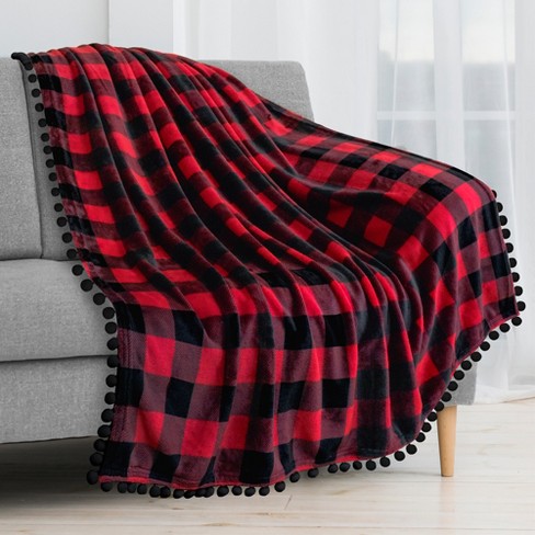 Pavilia Fleece Pom Pom Blanket Throw For Sofa Bed, Soft Lightweight Pompom  Fringe Blanket For Couch , Checkered Red/throw - 50x60 : Target