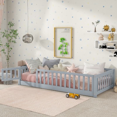 YONWAY Full Size Floor Bed for Kids with Fence and Door, Low Montessori, Bed Sturdy Slat Suppor, for Kids Boys Girls, no noise