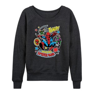 Women's - Marvel - Spider-man Stickers Style Lightweight French Terry Wide Neck Long Sleeve Shirt - 1 of 4