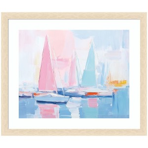 Kate and Laurel Framed Art Abstract Sailboat Harbor Landscape by The Creative Bunch Studio, 26x22, Woodgrain Stripe Blonde - 1 of 4
