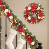 Coucheta 24 Inch Christmas Wreath - with 20 LED Lights, Red Flowers, Ribbon Bow, Gold Xmas Ball Ornaments for Fireplace Window, Red - 3 of 4