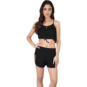 Anna-Kaci Lounge Women's Ribbed Knit Crop Top and Shorts Set with Adjustable Tie Front and Side Slit Hem Shorts - 1 of 4