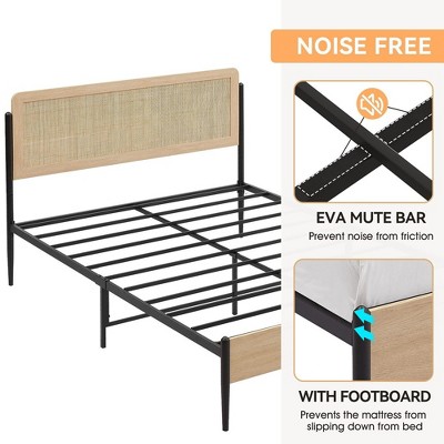 Full /Queen Size Metal Bed Frame with Curved Rattan Headboard and Wooden Footboard