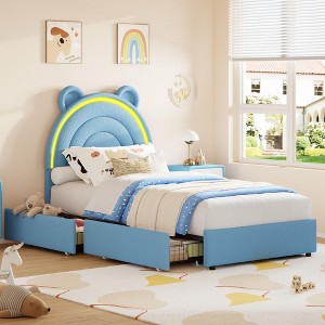 Princess Twin Size Bed Frame with 4 Storage Drawers, Velvet Upholstered Platform Bed with Rainbow Headboard - 1 of 4