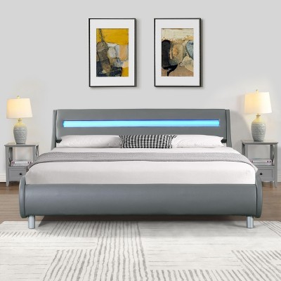 CAVINAS Queen Size Upholstered Platform Bed Frame,LED Lighting Optional,Curved MDF Bed Frame for Living Room,Wood Slat Support,No Box Spring Needed