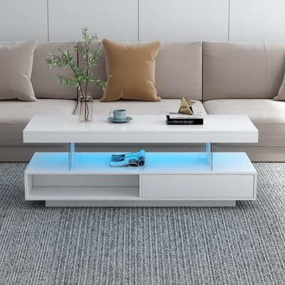 Modern Coffee Table with 16 Colors LED Lights,Rectangular Center Table with 2 Drawers and Display Shelf,Center Table Home Furniture for Living Room