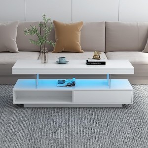 Modern Coffee Table with 16 Colors LED Lights,Rectangular Center Table with 2 Drawers and Display Shelf,Center Table Home Furniture for Living Room - 1 of 4