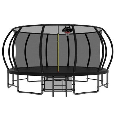 Jump Into Fun 16 FT Pumpkin Trampoline With Basketball Hoop, Balance Bar, Enclosure Net And Ladder Heavy Duty Anti-Rust Coating,For Kids & Adults
