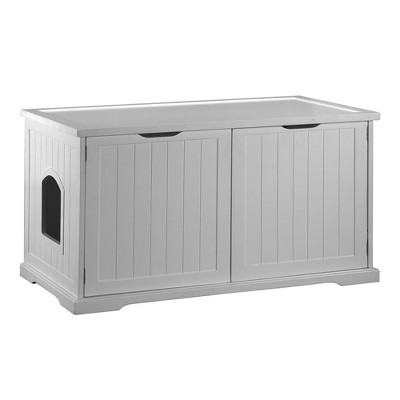 White and Walnut Wooden Cat Litter Box Storage Bench