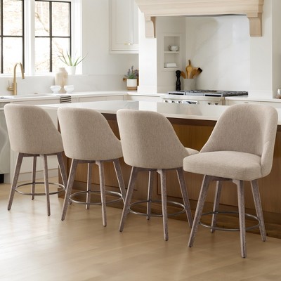 Bekrvio Counter Height Bar Stools, 26" Mid-Century Swivel Barstools with Backs - Linen Upholstered Wood Legs, Kitchen Island Counter Chairs