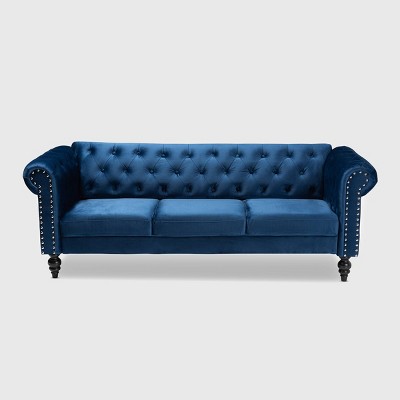 Elegant Black Velvet Chesterfield Sofa with Nailhead Accents and Wood Feet