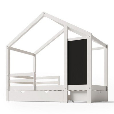 Bellemave Full House Bed for Kids, House Bed with Drawers and Blackboard, Full Bed for Kids Girls Boys, Wood House Bed,White