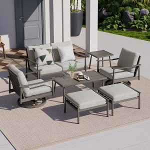 HAPPATIO 7 Pieces Aluminum Outdoor Conversation Set Includes 1 Loveseat, Side Table, Coffee Table, 2 Swivel Chairs and Ottomans - 1 of 4