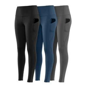 3-PC Medium Size Women's High Waist Leggings with Side Pockets , Soft Stretch, Moisture Wicking Women Bottoms (Black, Navy & Dark Grey) - 1 of 4